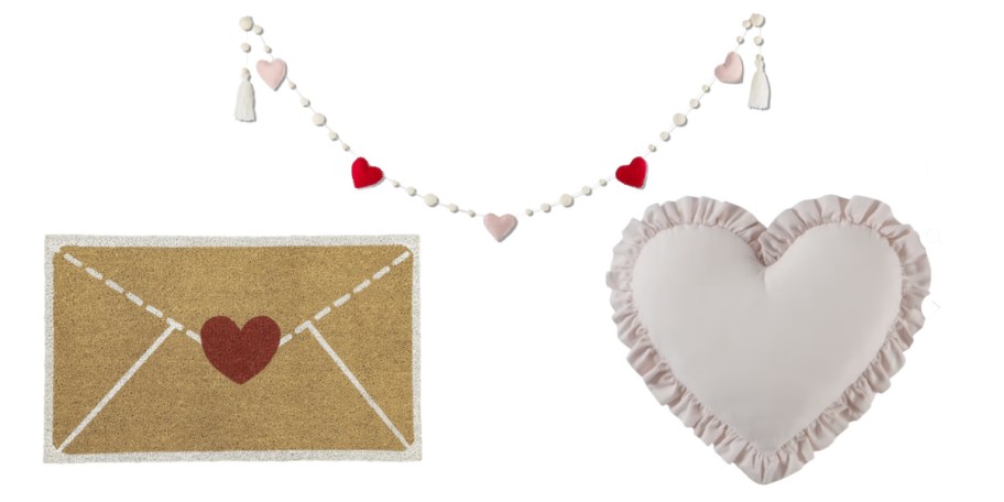 letter cori mat, heart pillow, and garland