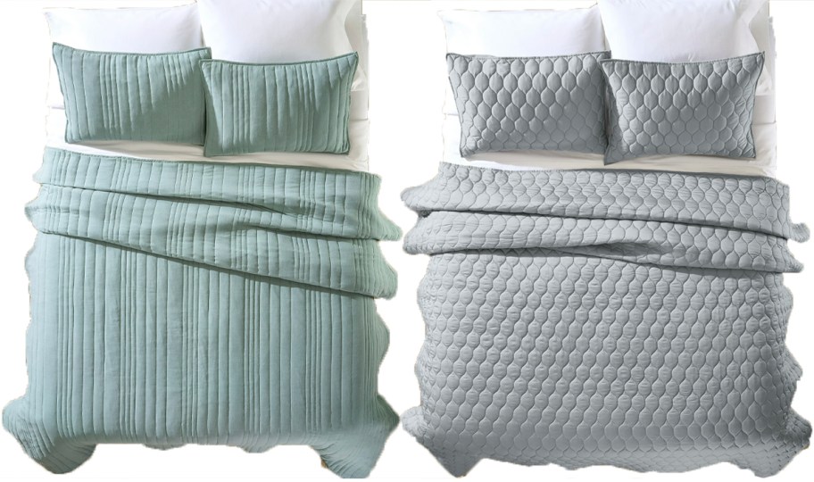 beds with green and gray bedding 