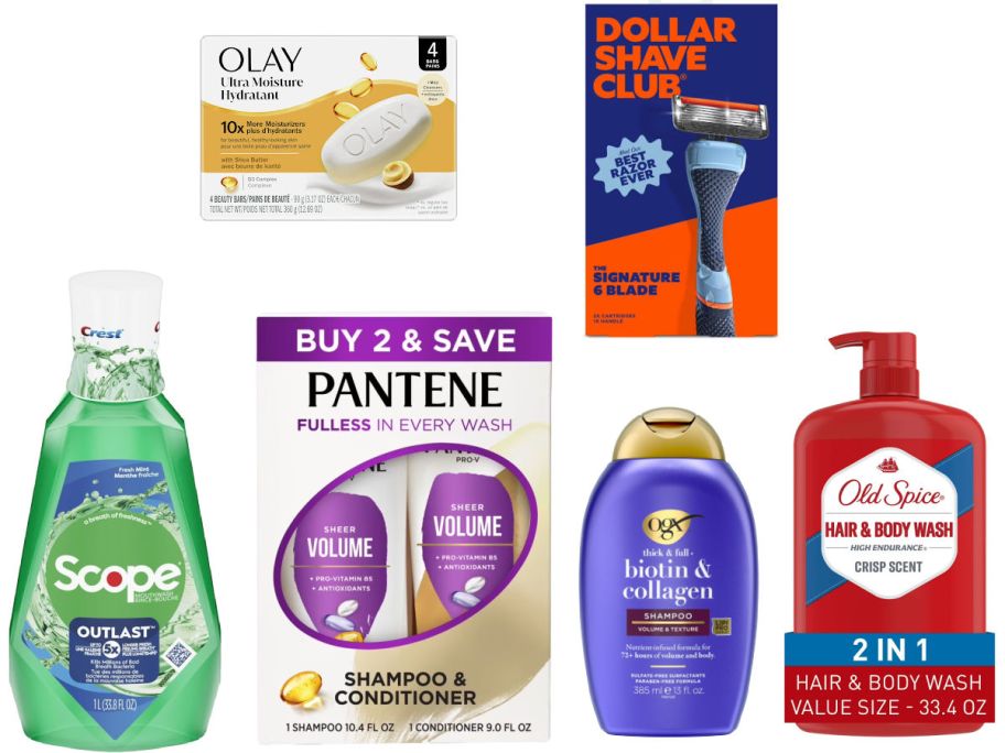 6 personal care items on a white background