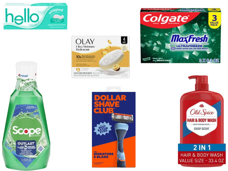 6 personal care items on a white background