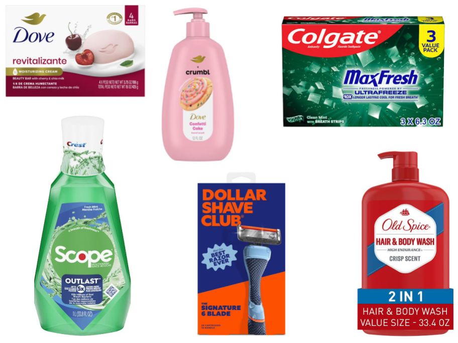 6 personal care items on a white background