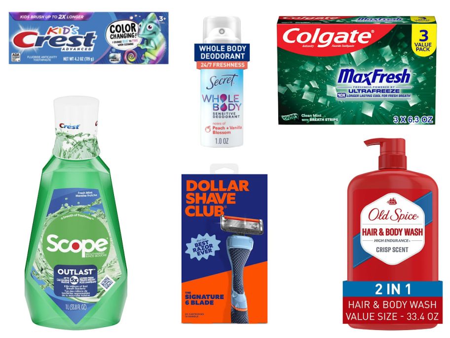 6 personal care items on a white background