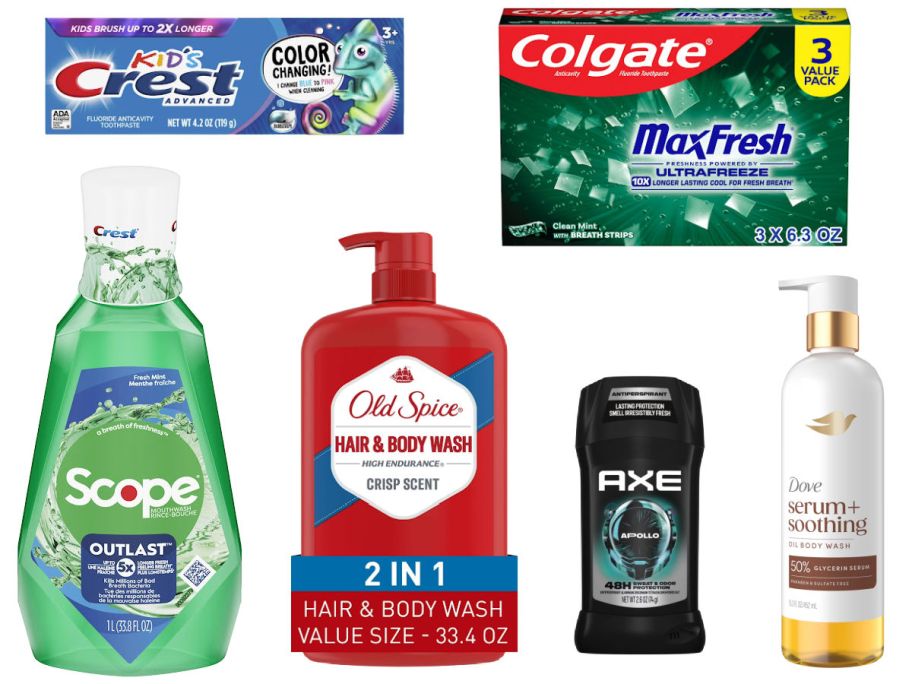 6 personal care items on a white background