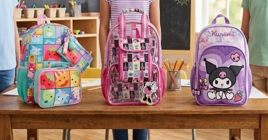 3 kids backpacks on a table in a classroom