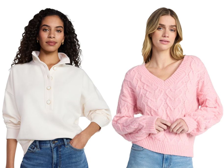 two women from the waist up on a white background