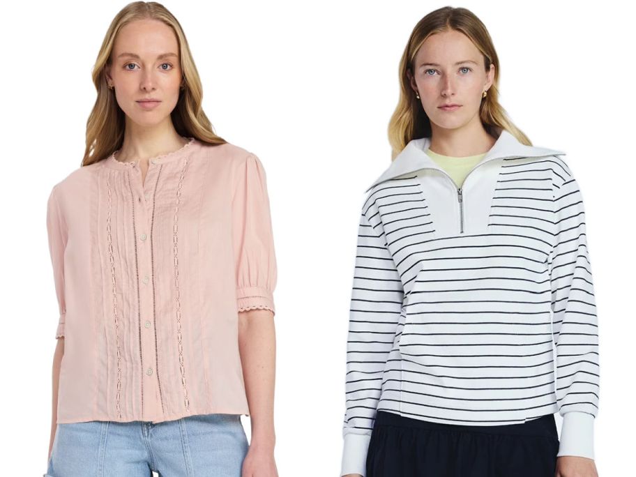 2 women from the waist up on a white background