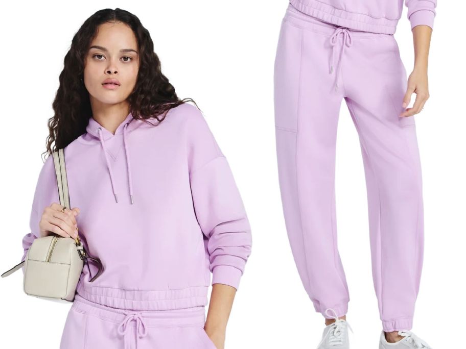 woman wearing purple hoodie next to pair of purple pants