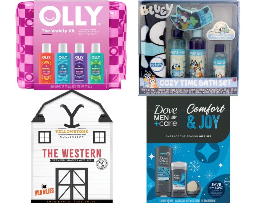 olly, bluey, western, and dove giftsets