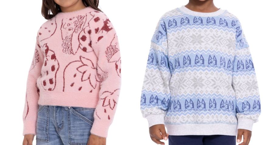 two kids wearing character sweaters