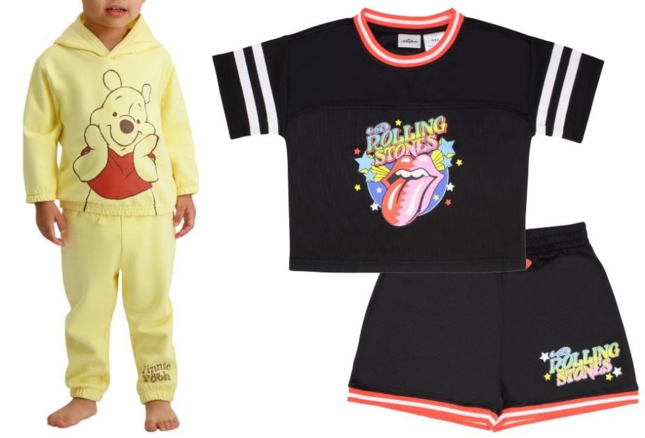 two kids wearing character clothing next to a rolling stones clothing set
