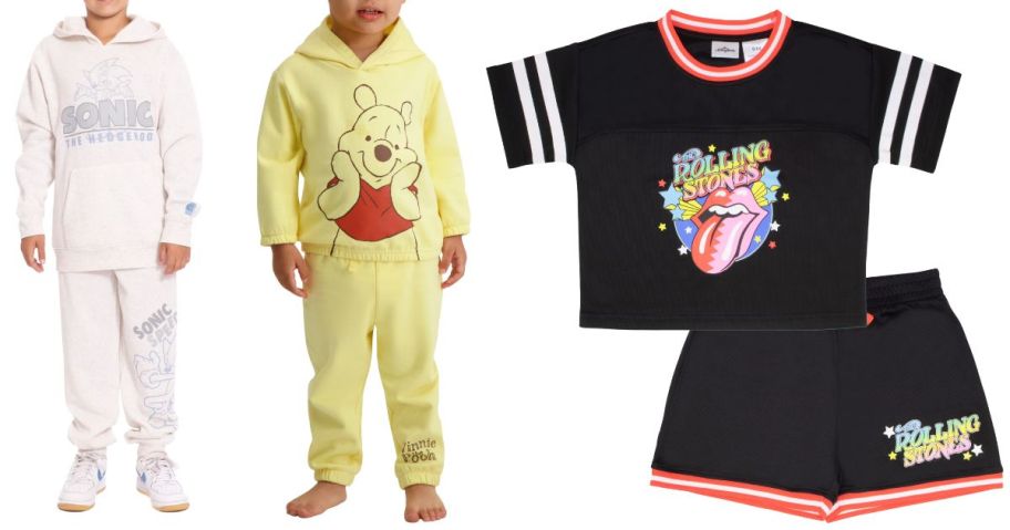 two kids wearing character clothing next to a rolling stones clothing set