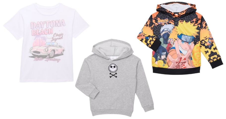 a kids character top and two sweatshirts