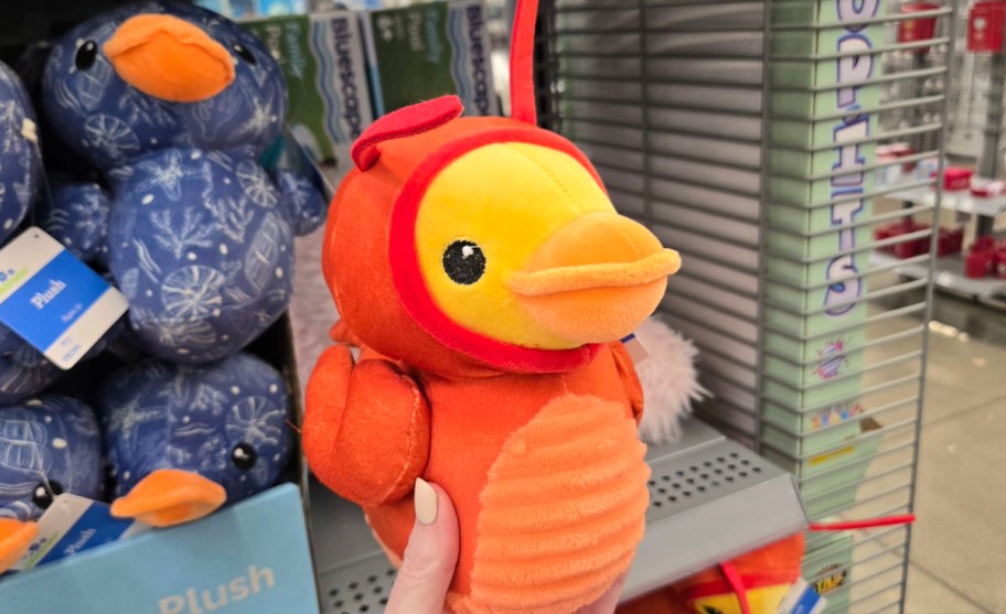 hand holding lobster duck plush 
