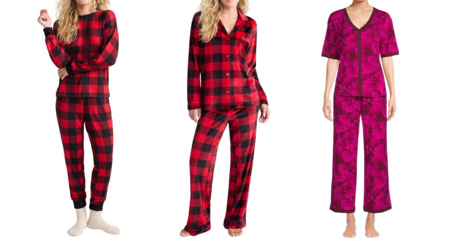 three women wearing pajamas