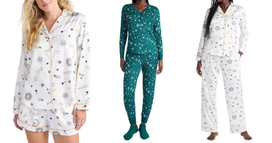 three women wearing pajamas