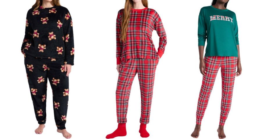 three women wearing pajamas