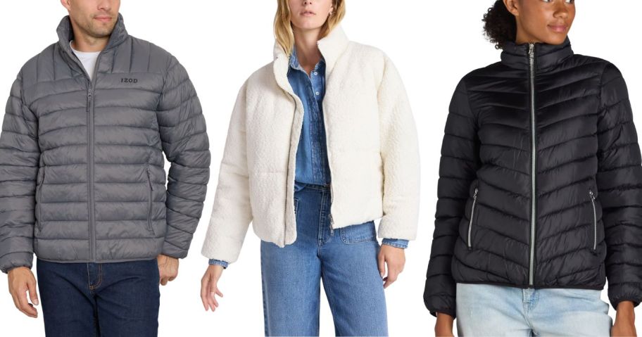 a man and two women wearing puffer jackets