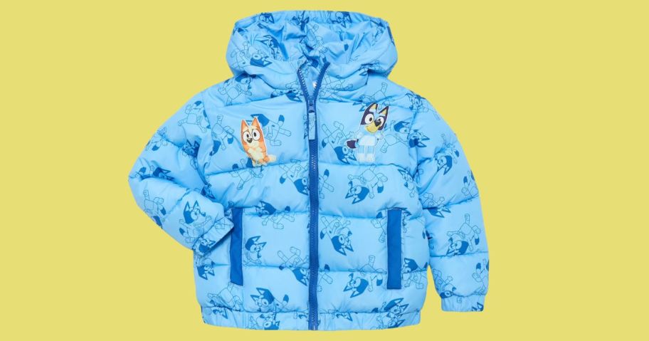 bluey puffer jacket against yellow background