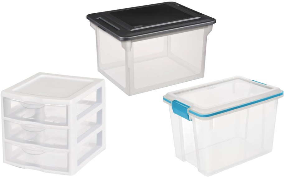 Three plastic storage containers are shown: a three-drawer unit in white, a clear box with a black lid, and a clear box with a blue latch.