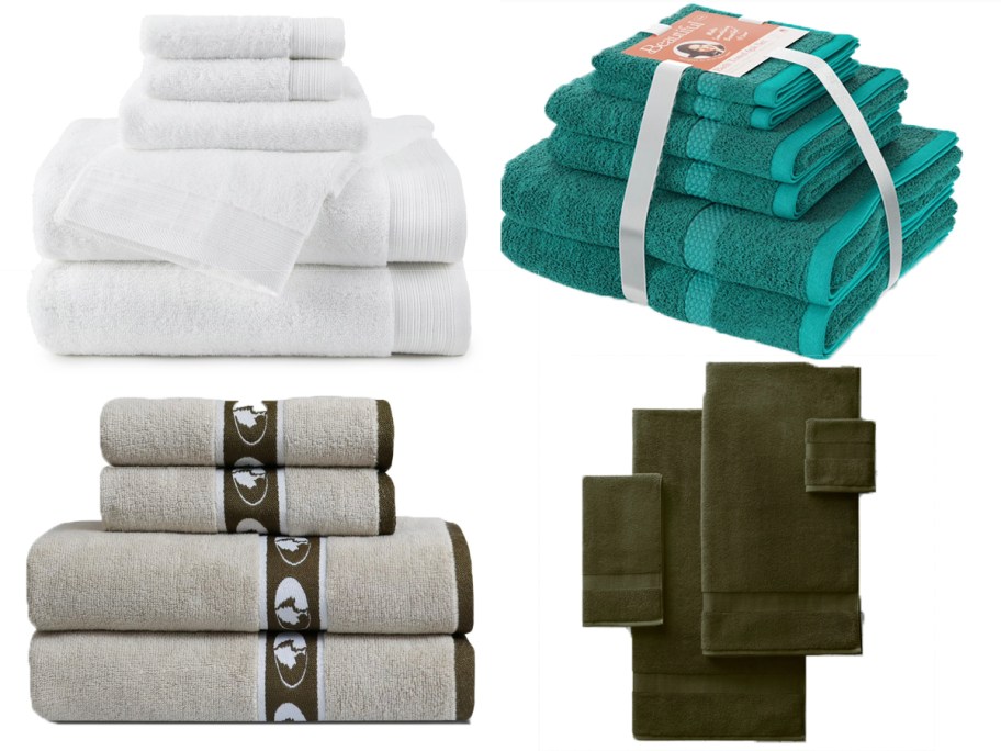 white, green, tan, and dark green towels 