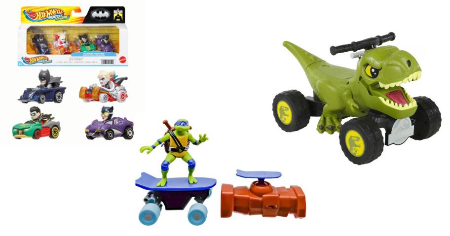 hot wheels, teenage mutant ninja turtles, and jurassic worls toys