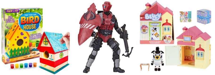 birdhouse, gi joe, and bluey toys