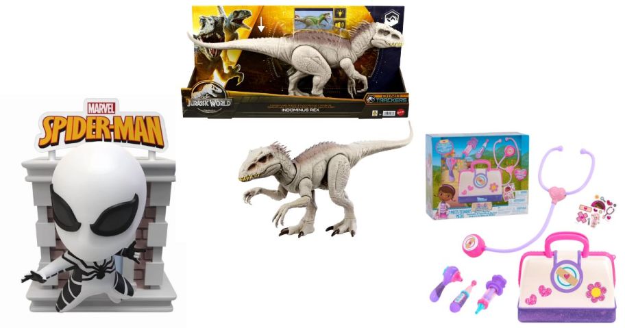 spiderman, jurassic world, and doc mcstuffins toys