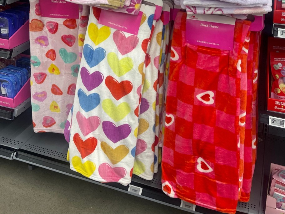 Valentines blankets hanging in Walmart