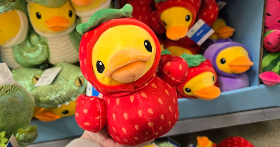 hand holding strawberry plush duck 