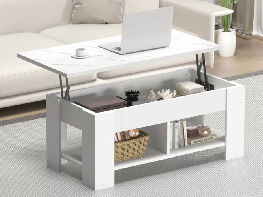 white rectangle coffee table with lift top center