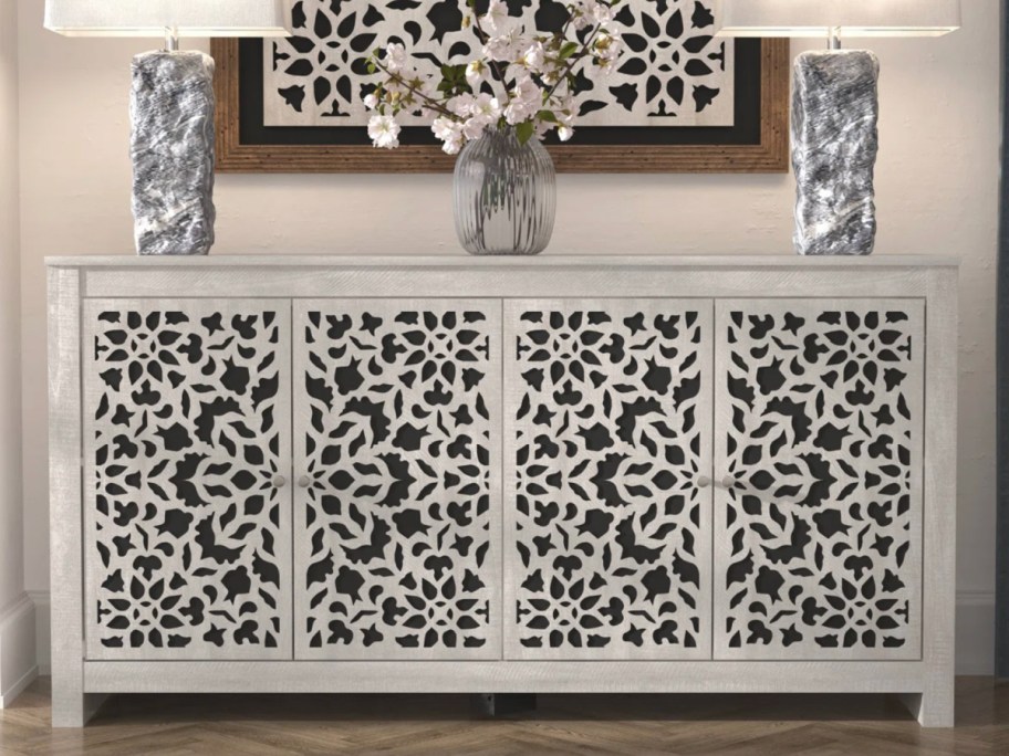white floral sideboard with 4 doors