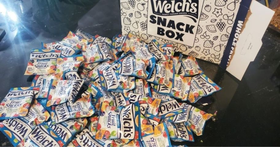 Welch's Mixed Fruit & Mango Peach Fruit Snacks 60-Count box on counter