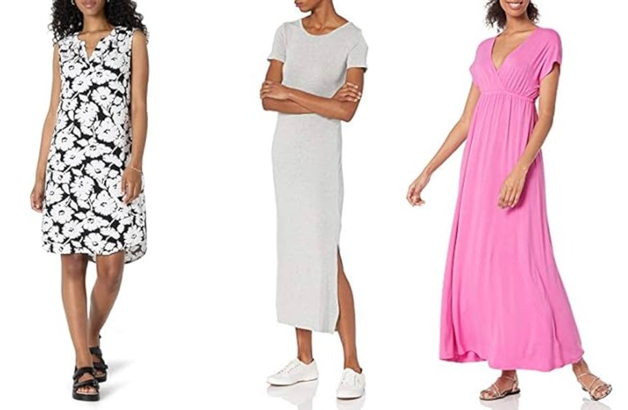 women wearing floral, gray and pink dresses