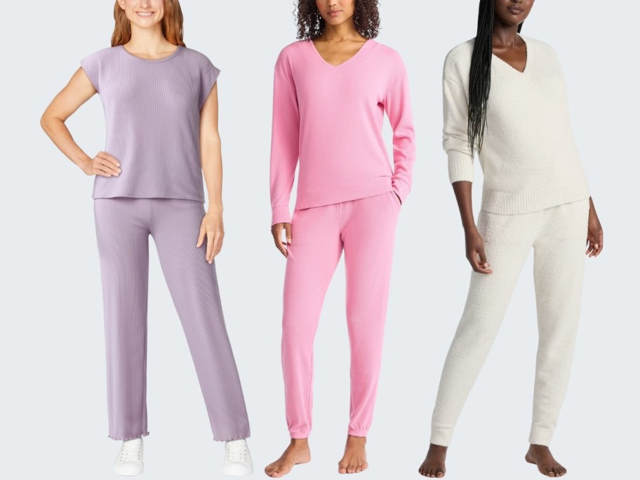 3 women in two piece lounge sets