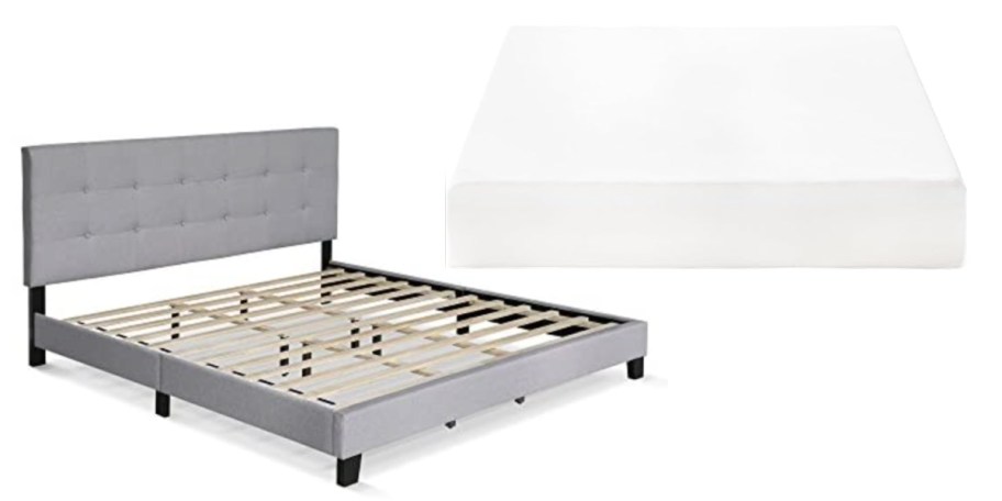 grey upholstered bedframe and white mattress