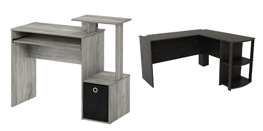 grey desk and black l-shaped desk