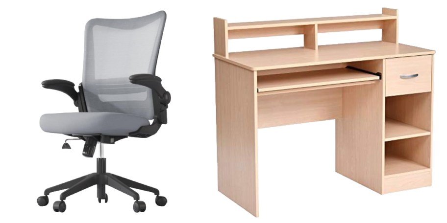 grey swivel office chair and tan writing desk