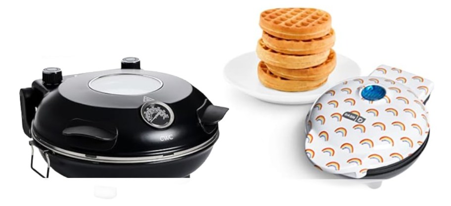 black round pizza oven and rainbow waffle makes next to waffles