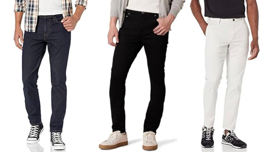 three men wearing blue, black and white pants