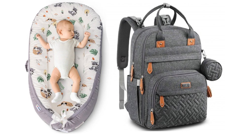 baby laying in gray and white lounger and gray diaper bag backpack