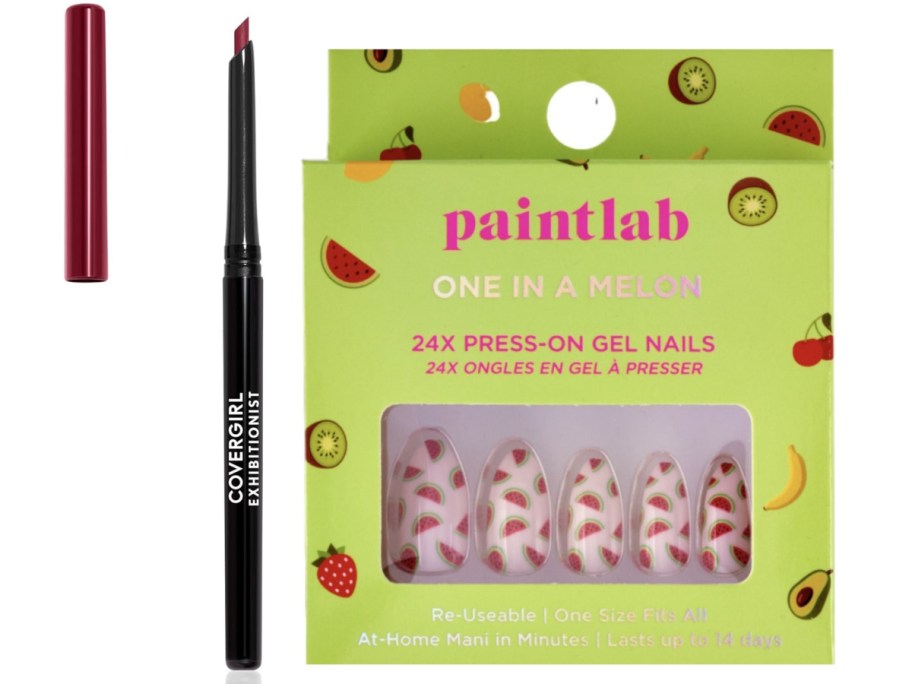 A vibrant red lip liner next to a green box labeled "PaintLab: One In A Melon" with 24 press-on gel nails showing a watermelon design.