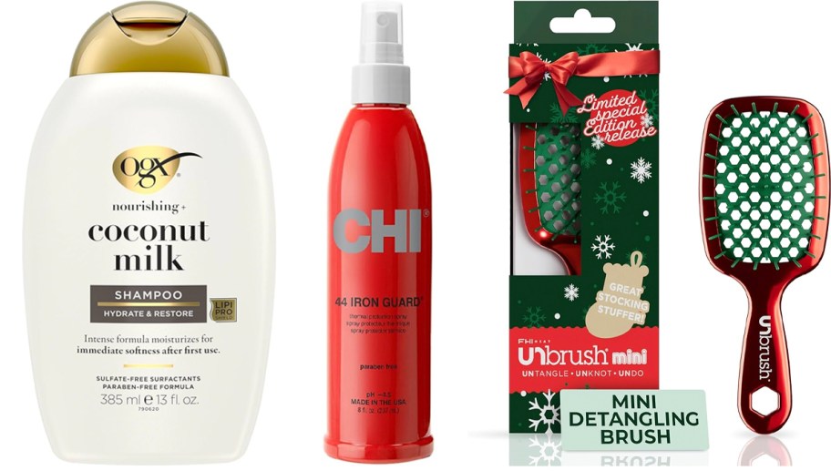 ogx shampoo, chi hair spray and unbrush 