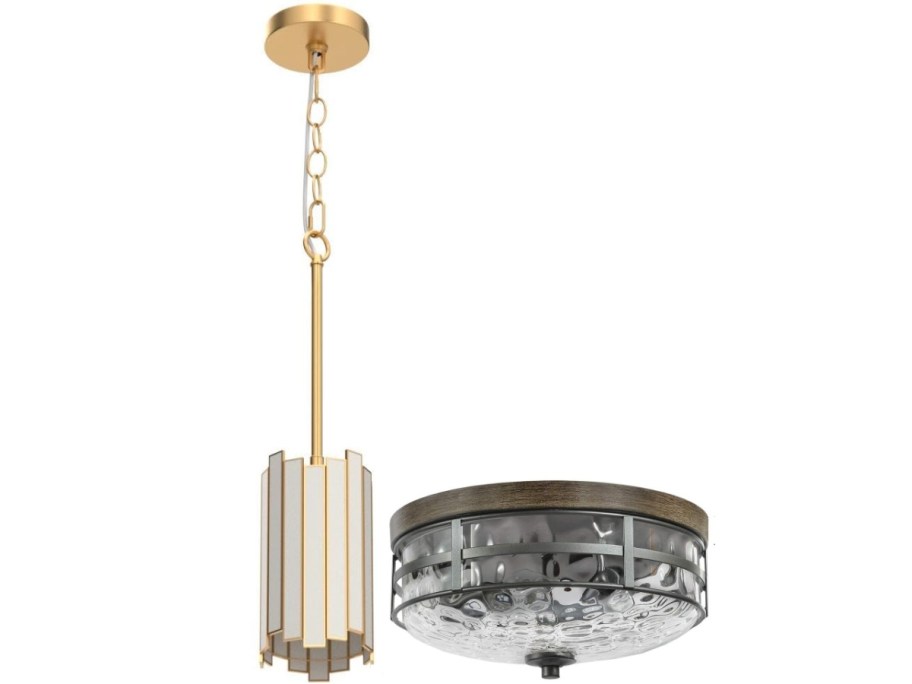 Modern lighting fixtures featuring a gold pendant light with elongated panels and a round, textured metal ceiling light.