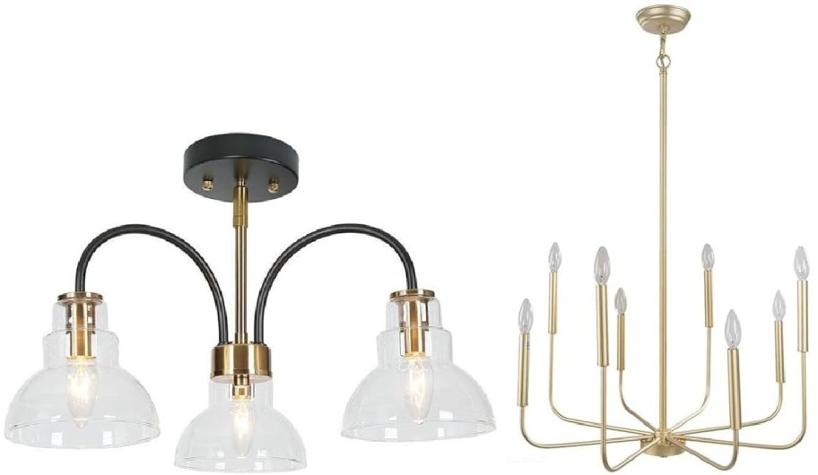 Two modern light fixtures are shown. On the left, a black and gold three-arm ceiling light with clear glass shades. On the right, a minimalist gold chandelier.