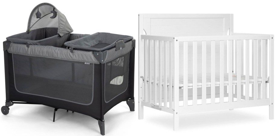 black playpen and white crib 