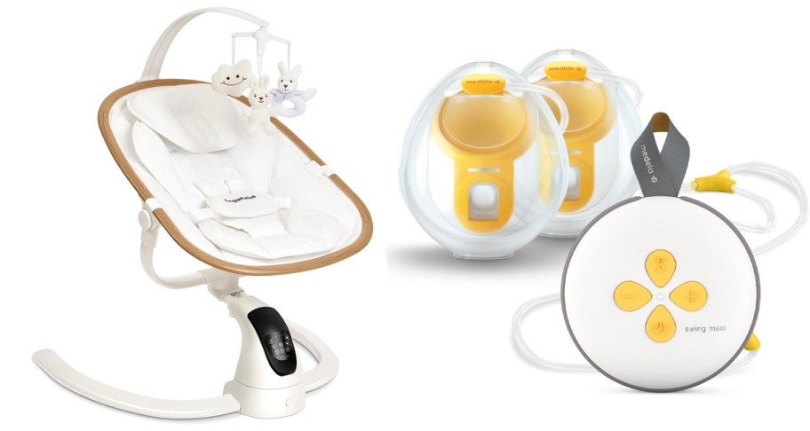 white swing and white and yellow breast pump