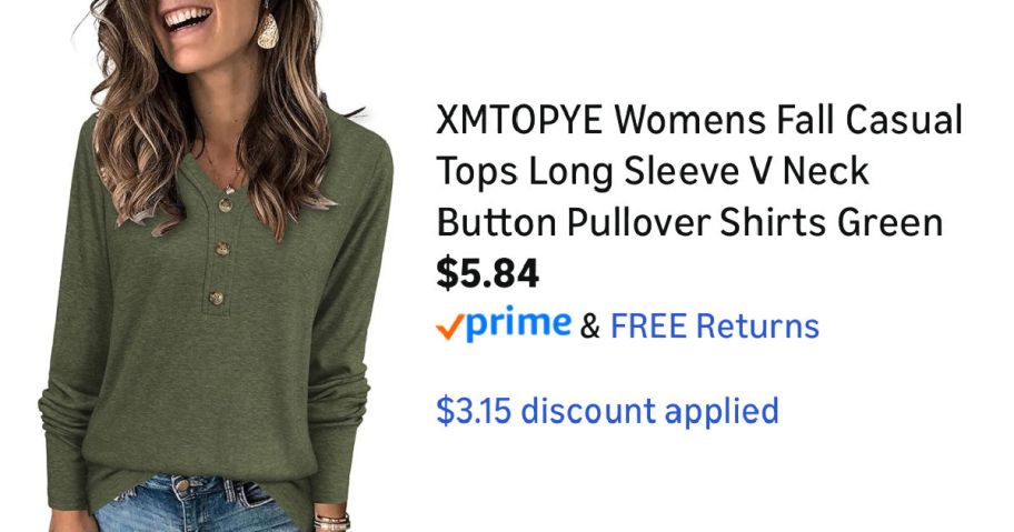woman wearing green shirt next to Amazon pricing information