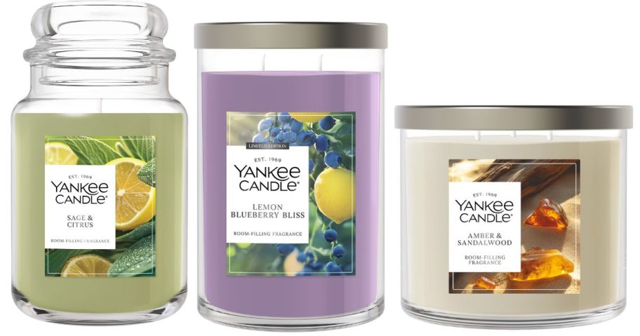 yankee candle large jar, tumbler, and 3-wick candles