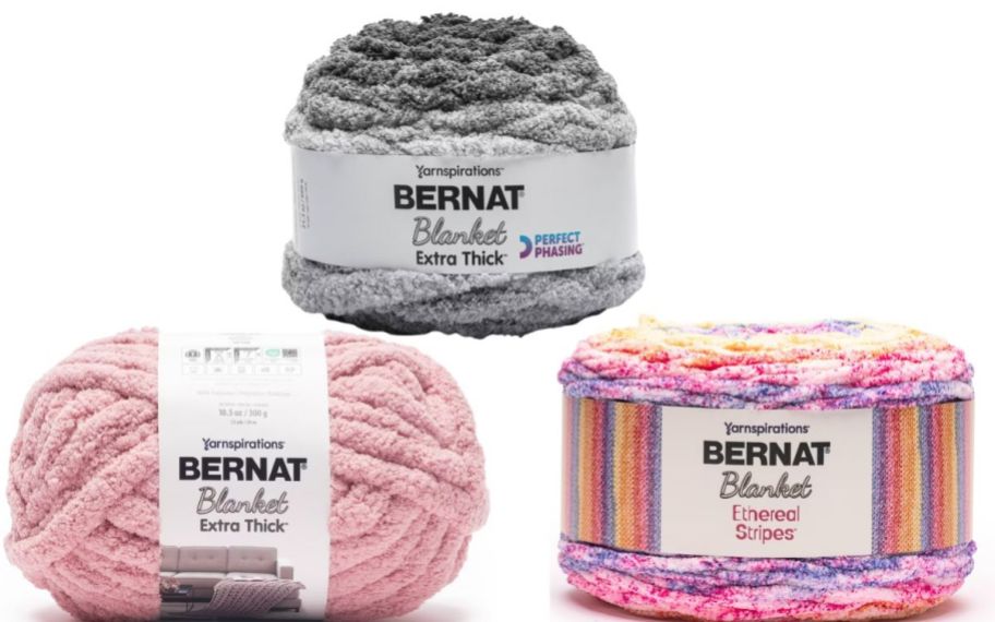 stock image of three different types of Bernat yarns