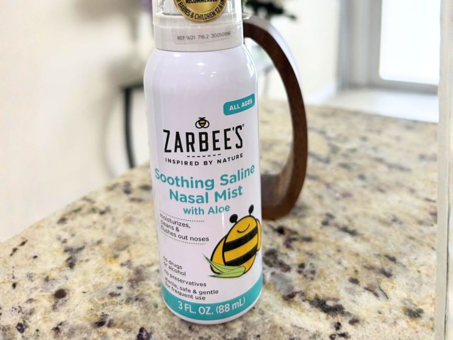 Zarbee&rsquo;s Soothing Saline Nasal Mist w/ Aloe 3oz on counter